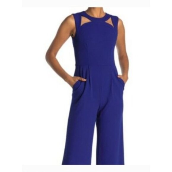 Calvin Klein Womens Sleeveless Wide-Leg Jumpsuit corpped Size 12 Blue pockets - Picture 5 of 6